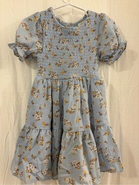 Rare Editions Girls' Light Blue Floral Smocked Puff-Sleeve Dress